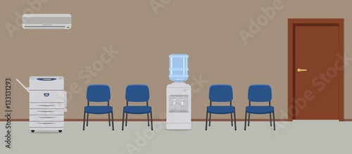 Office corridor. Place to wait. There are blue chairs, a water cooler, a copy machine, a conditioner and other objects in the picture. Vector flat illustration.
