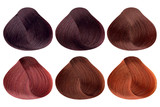 Set of locks of six different red hair color samples (burgund, dark morello, red coral, garnet, copper red, copper shine), rounded shape, isolated on white background, clipping path included
