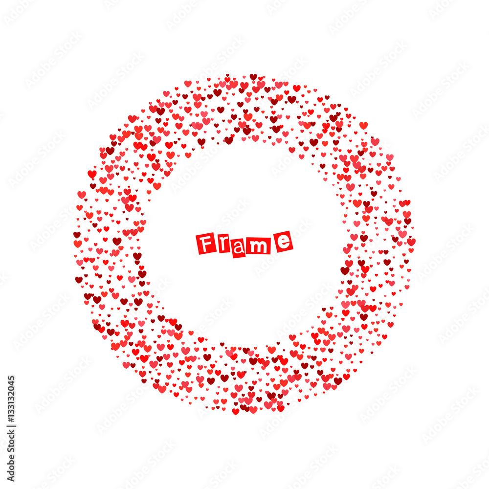 Burst from hearts. Frame halftone effect. Red dots on white background. Abstract dotted surface. Retro, vintage, hipster style