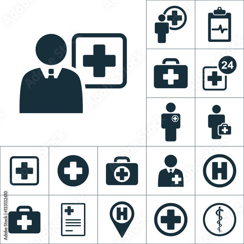doctor, health worker icon, medical signs set on white backgroun