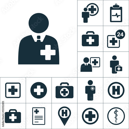doctor, health worker icon, medical signs set on white backgroun