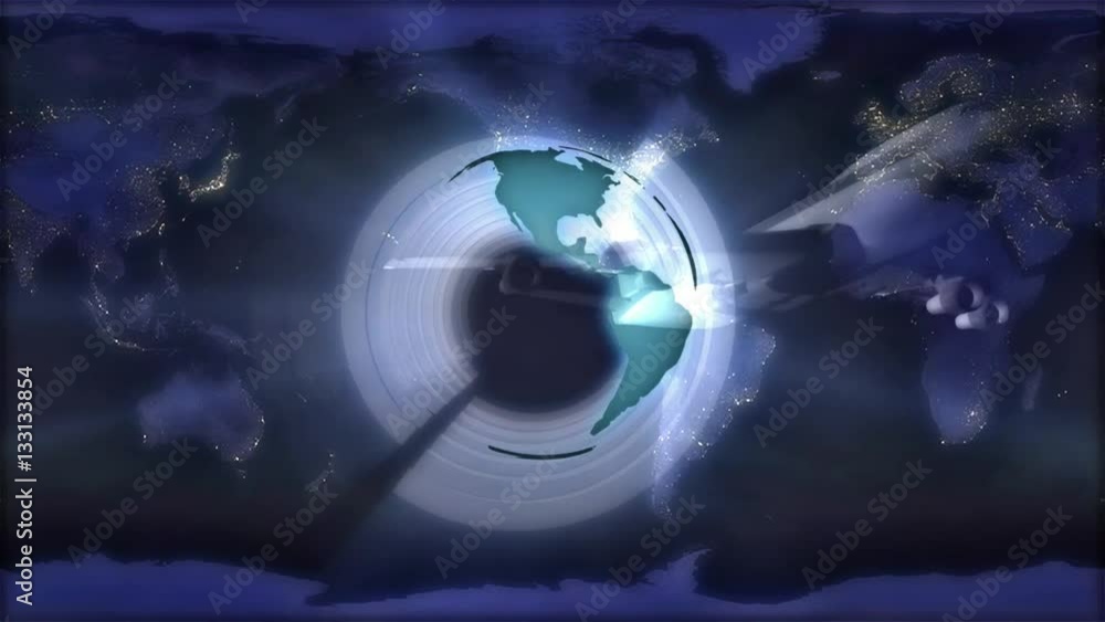 Animated map and Earth globe rotating with 3D airplane overlay