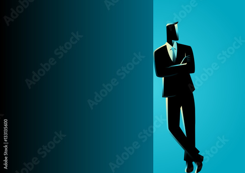 Businessman Leaning At Dark Blank Space