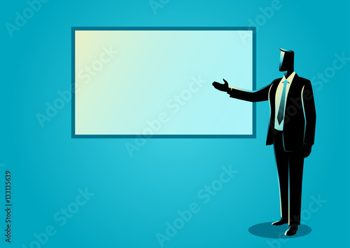 Businessman giving a presentation on white board