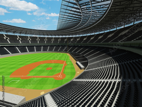 3D render of baseball stadium with black seats and VIP boxes