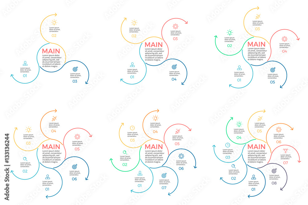 Outline pie charts with 3 - 8 steps, arrows. Outline pie charts with 3 - 8 steps, arrows.