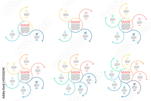 Outline pie charts with 3 - 8 steps  arrows.