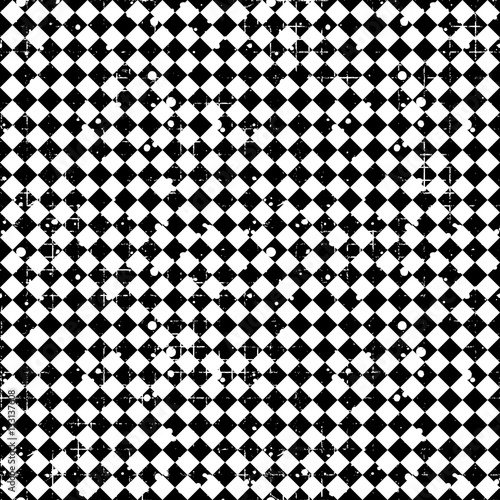 Seamless vector pattern. Black and white geometric checkered background with rhombus. Grunge texture with attrition, cracks and ambrosia. Old style vintage design. Graphic illustration.
