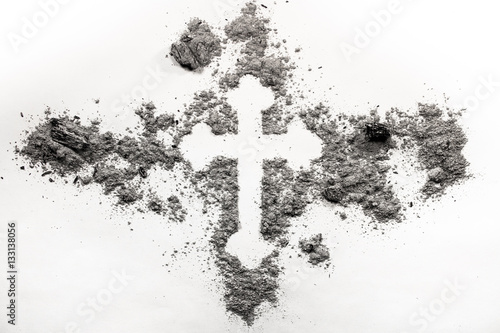 Christian orthodox cross symbol made in grey ash, dust © domagoj8888