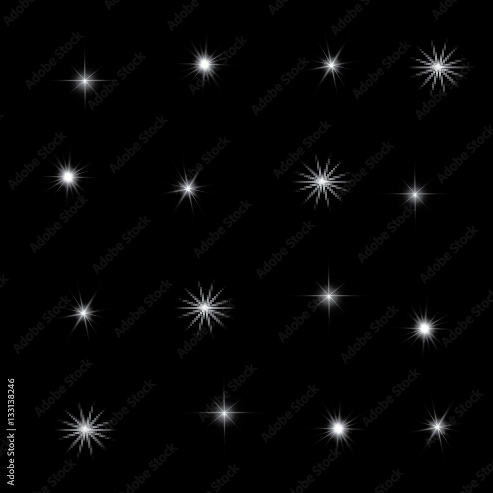 Set of glowing light effects with transparency, isolated on black background vector. Glare, rays, stars. Set of glowing light effects with transparency, isolated on black background vector. Glare, rays, stars.