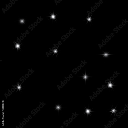 Set of glowing light effects with transparency, isolated on black background vector. Glare, rays, stars.