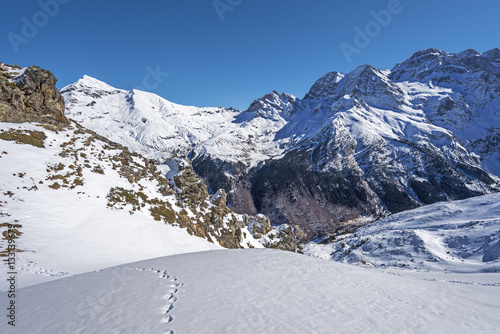 Winter picture of Cirque de Gavarnie seen from Pahule Pic