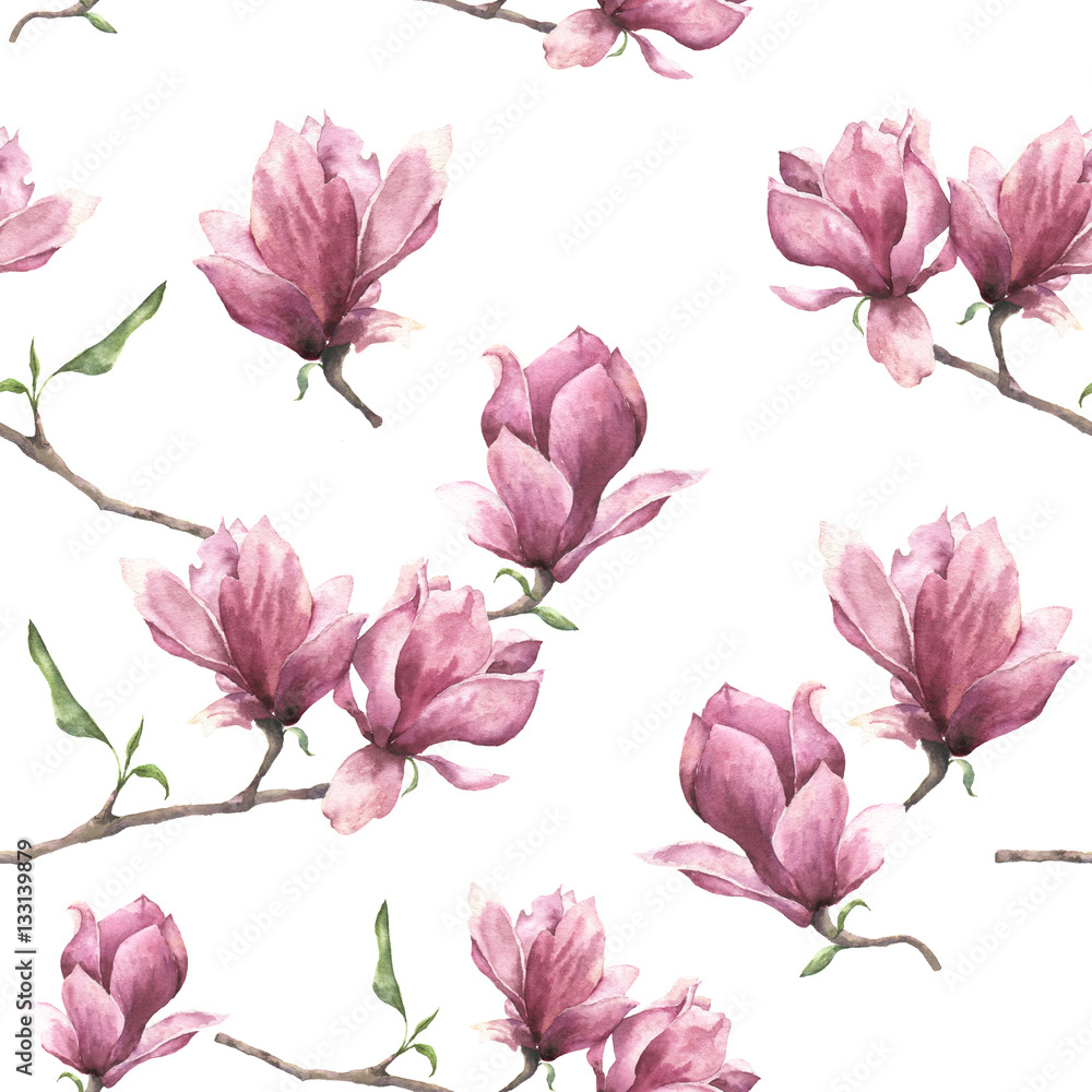 Fototapeta premium Watercolor seamless pattern with magnolia. Hand painted floral ornament isolated on white background. Pink flower for design, print or fabric.