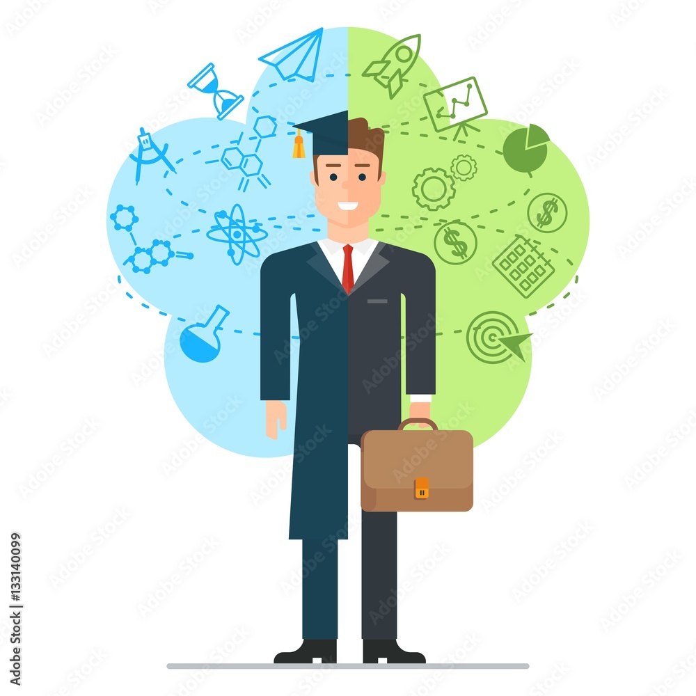 Student becomes a businessman. Graduate of the University. Finished school, higher education. Flat vector cartoon illustration. Objects isolated on a white background. Student becomes a businessman. Graduate of the University. Finished school, higher education. Flat vector cartoon illustration. Objects isolated on a white background.