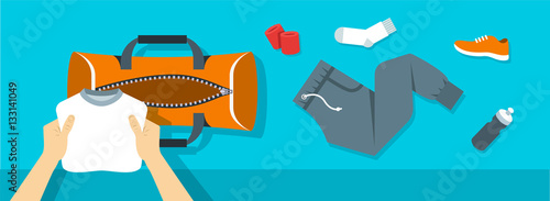Fitness flat vector background. Man puts stuff for gym physical training into sport bag. Top view horizontal banner. Workout clothes and shoes, water bottle. Healthy lifestyle concept. Simple design