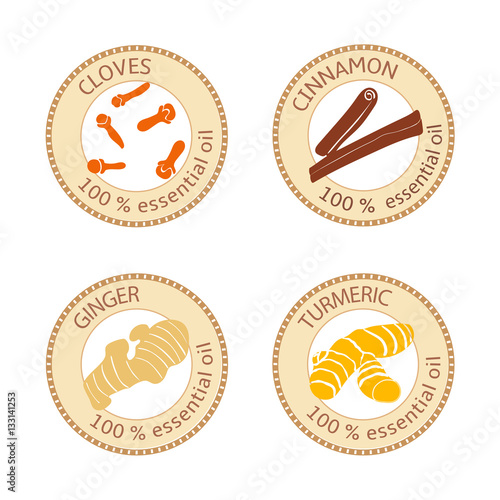 Set of flat essential oil labels. 100 percent. Cloves, cinnamon, ginger, turmeric