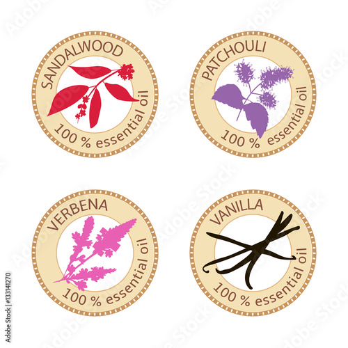 Set of flat essential oil labels. 100 percent. Vanilla, sandalwood, patchouli, verbena