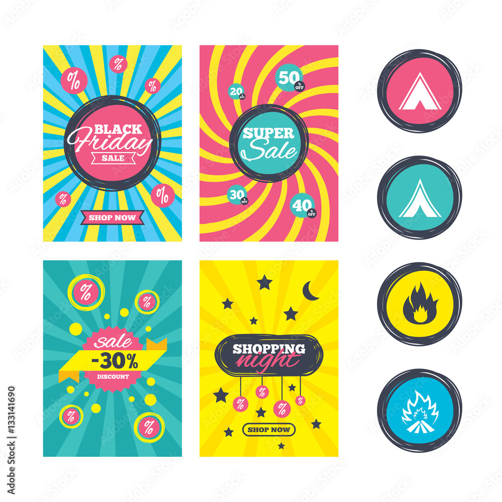 Naklejka premium Tourist camping tent signs. Fire flame icons.