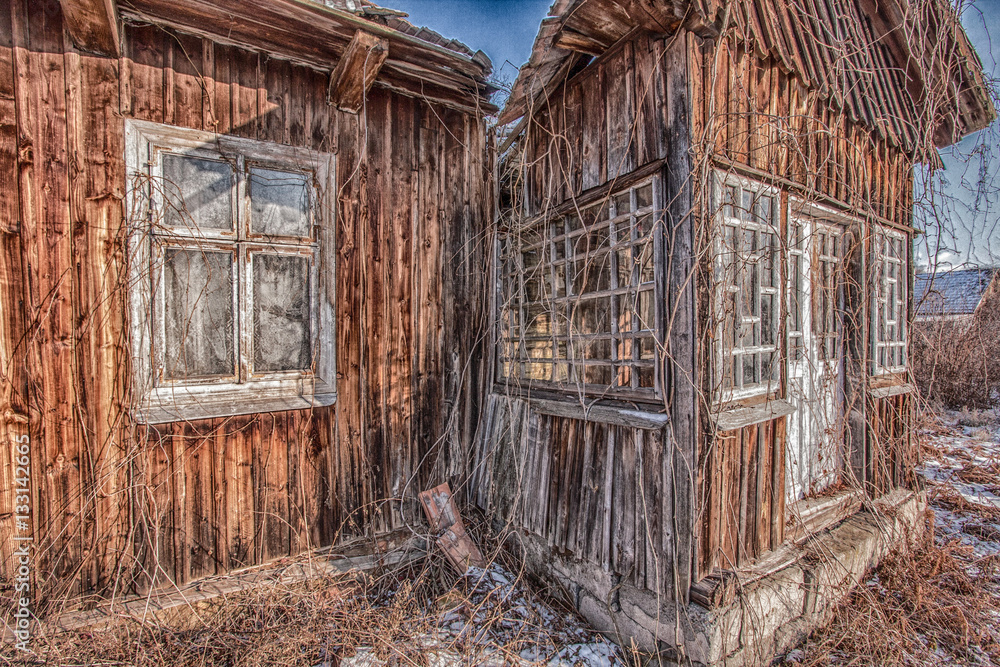 Porch of a destroyed, wooden house Porch of a destroyed, wooden house