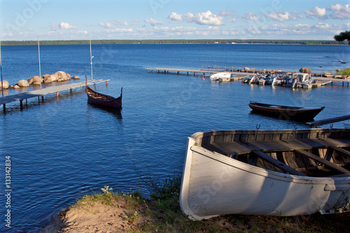 View on a small harbor with wooden boats 