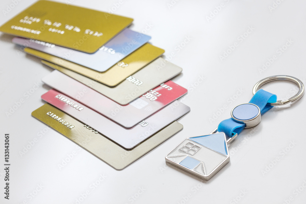credit cards, key ring concept mortgage on white background Stock