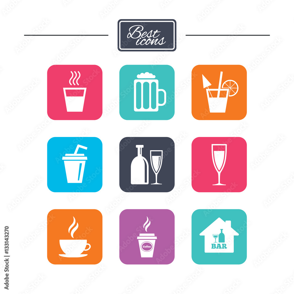 Cocktail, beer icons. Coffee and tea drinks. Cocktail, beer icons. Coffee and tea drinks.