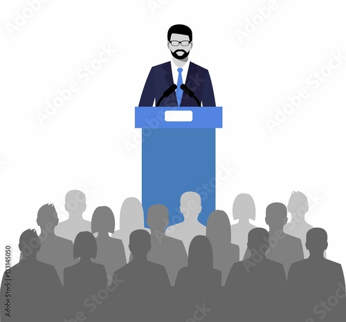 orator speaking from the tribune. public speaker and a crowd on chairs. vector illustration in the flat style