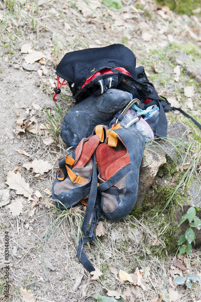 Equipment for bouldering left on the grass Equipment for bouldering left on the grass