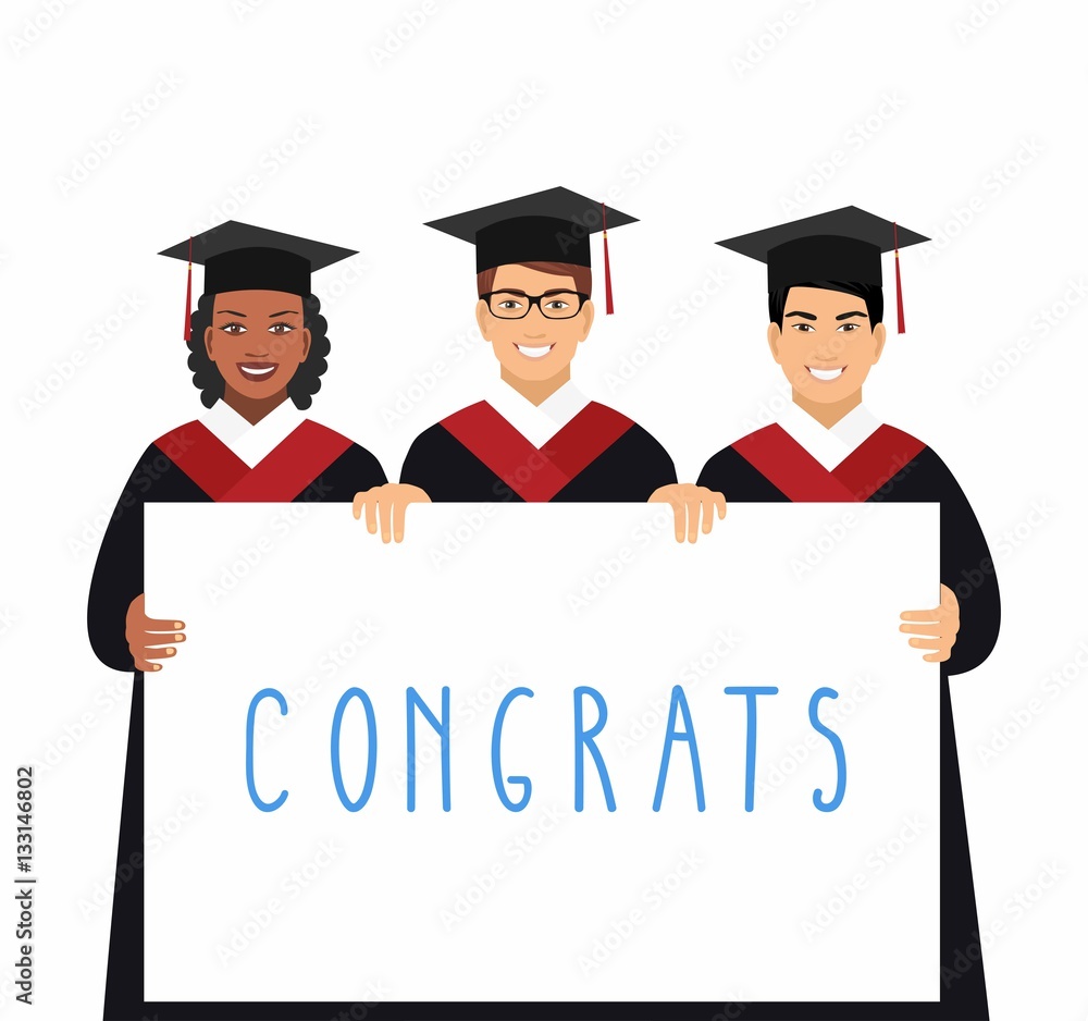 a group of happy graduates student shows blank billboard isolated on white background a group of happy graduates student shows blank billboard isolated on white background