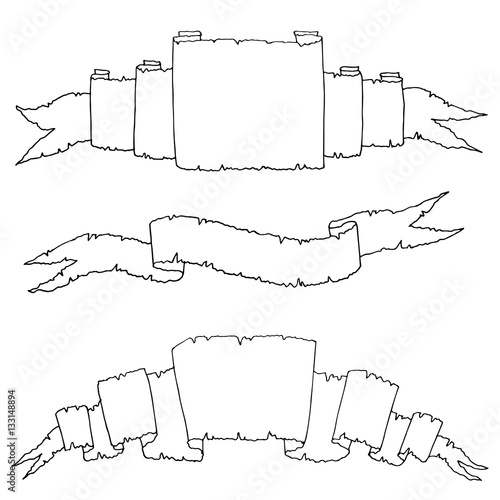 Set of hand drawn decorative ribbons. Grunge paper ribbons sketch collection, ink illustration with black outlines