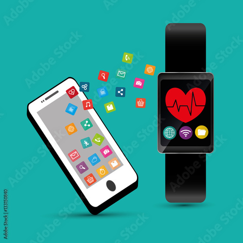 hand hold smartphone smart watch healthcare app vector illustration eps 10