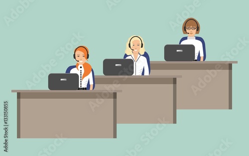 Web banner of call center workers. Young women in headphones sitting at the tables on a green background. It can be used for websites. Vector illustration.