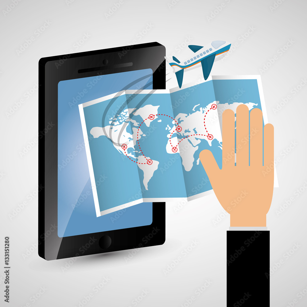 hand with smartphone map aircarft travel vector illustration eps 10 hand with smartphone map aircarft travel vector illustration eps 10