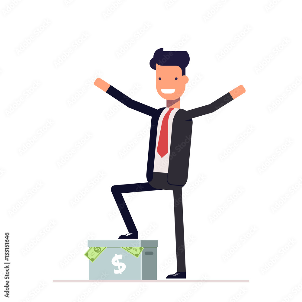 Happy businessman or manager standing on a carton box with money. Vector, illustration EPS10. Happy businessman or manager standing on a carton box with money. Vector, illustration EPS10.