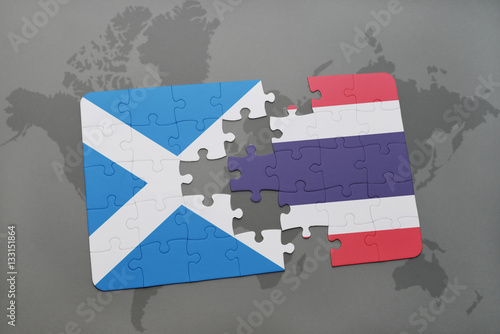 puzzle with the national flag of scotland and thailand on a world map