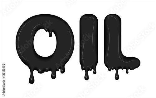 Vector word made of flowing liquid black oil. Letters with blots, splashes, splatter and smudges. Glossy typeface. Ink drops isolated on white background.