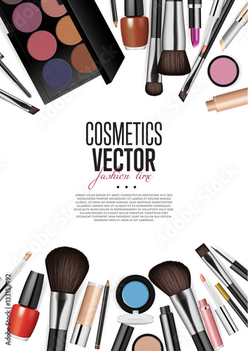 Cosmetics products, fashion makeup banner. Brushes, powder palettes, lipstick, eye pencil, nail polish realistic vector illustrations set on white background.