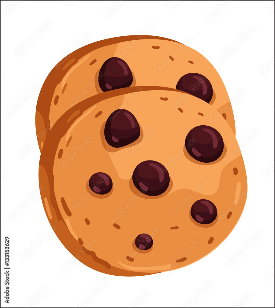 Chocolate chip cookie isolated on white background cartoon vector illustration. Bakery product, fresh pastry food icon. Sweet dessert, tasty cookie logo, natural food, bakery shop design element. Chocolate chip cookie isolated on white background cartoon vector illustration. Bakery product, fresh pastry food icon. Sweet dessert, tasty cookie logo, natural food, bakery shop design element.