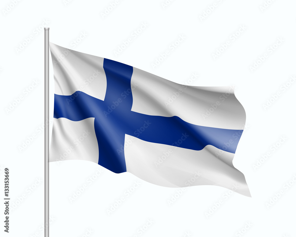 Waving flag of Finland state. Illustration of European country flag on flagpole. Vector 3d icon isolated on white background Waving flag of Finland state. Illustration of European country flag on flagpole. Vector 3d icon isolated on white background