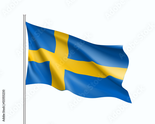 Waving flag of Sweden state. Illustration of European country flag on flagpole. Vector 3d icon isolated on white background