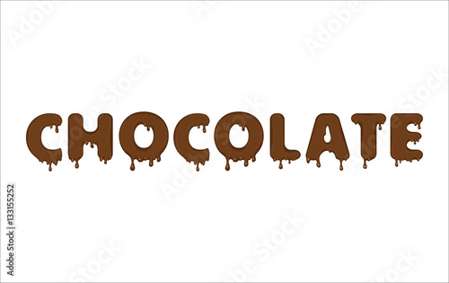 Vector word made of flowing chocolate. Letters with blots, drops, splashes and blobs. Glossy typeface. Text of brown liquid drops isolated on blue background.