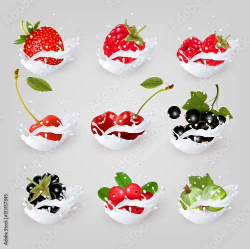Big collection icons of fruit and berries in a milk splash. Rasp