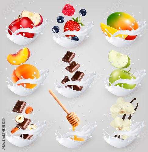 Big collection icons of fruit in a milk splash. Raspberry, straw