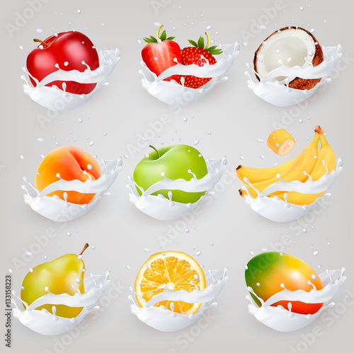 Big collection icons of fruit in a milk splash. Apple, mango, ba