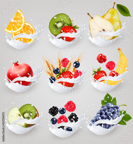 Big collection icons of fruit in a milk splash. Raspberry, straw