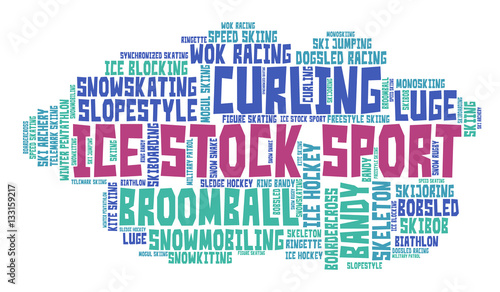 Ice stock sport. Word cloud, colored font, white background. Olympics.