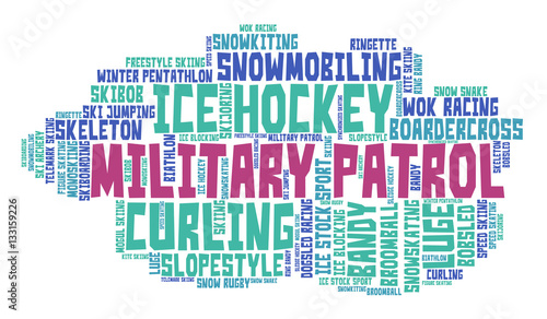Military patrol. Word cloud, colored font, white background. Olympics.