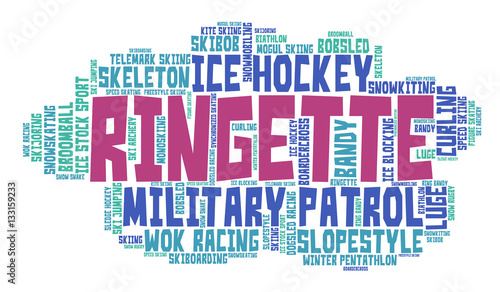 Ringette. Word cloud, colored font, white background. Olympics.