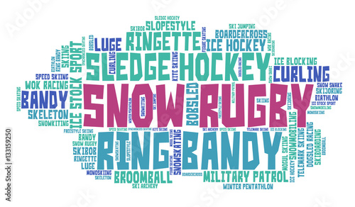 Snow rugby. Word cloud, colored font, white background. Olympics.	