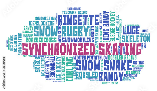 Synchronized skating. Word cloud, colored font, white background. Olympics.